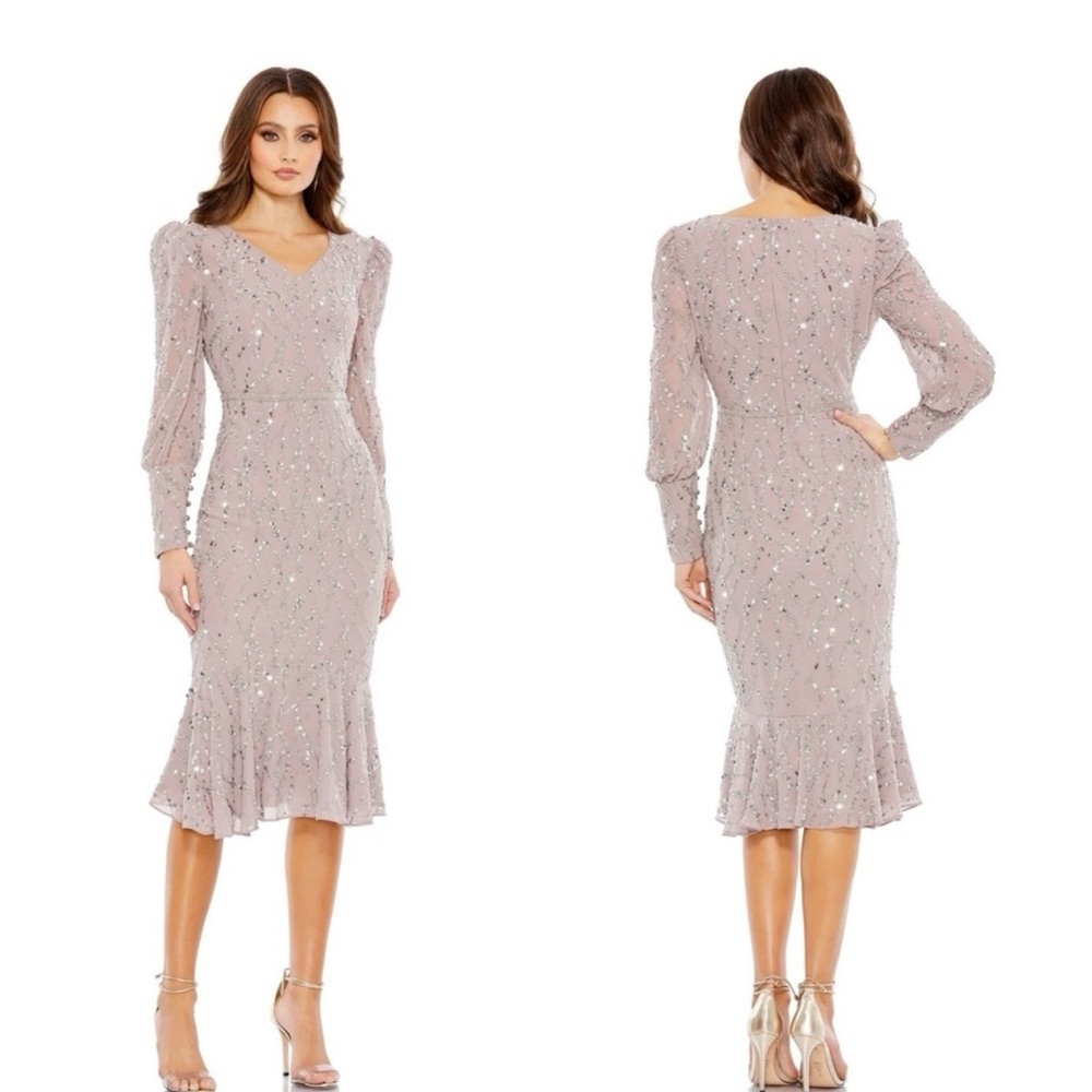 Mac Duggal 10767 Ruffle Hem Bishop Sleeve Dress NWT Lilac Lavender